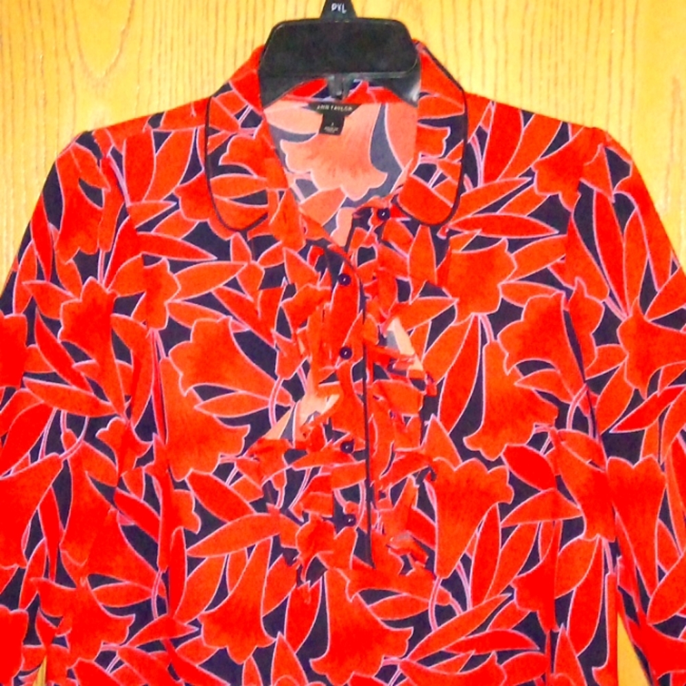 Dark blue/ReD flower pattern W/ button up ruffled collar long sleeve shirt dress - Picture 2 of 6
